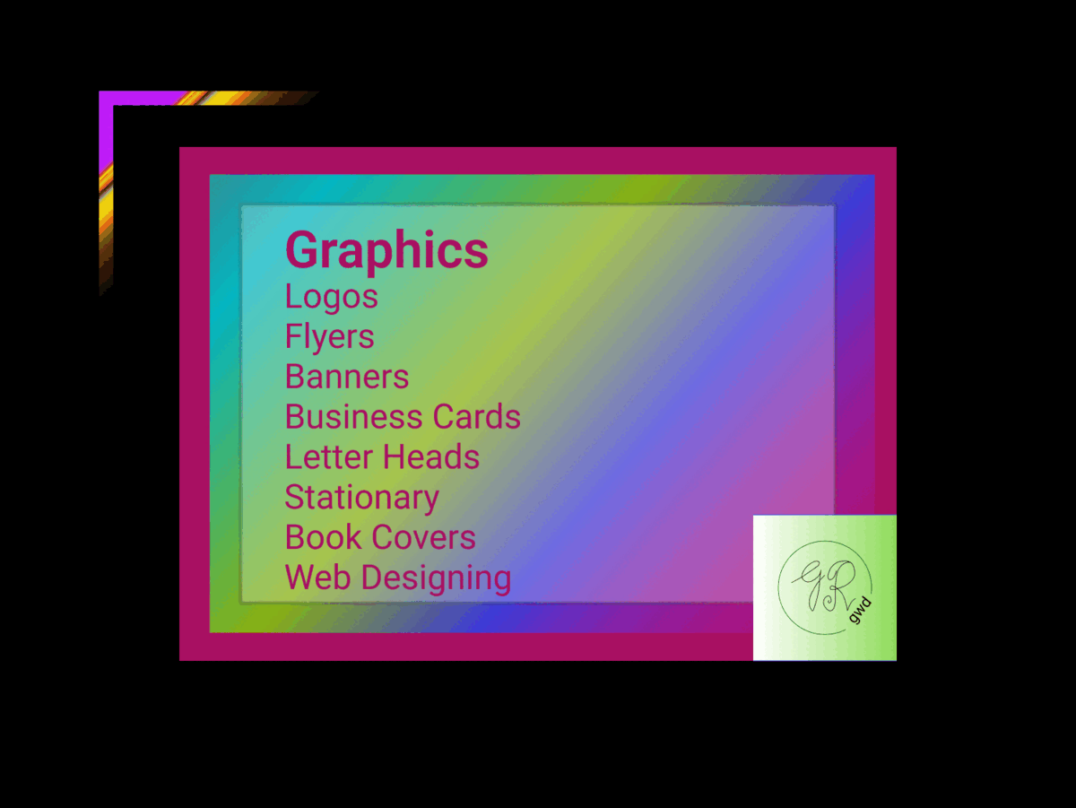 Graphics containing Logos, Flyers, Brochures,Banners, Business Cards, Book covers, Stationary, Web Designing.